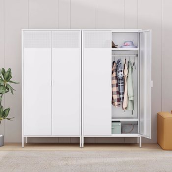 There are air holes above the door of the white wardrobe, and a storage layer (the height of the layer board can be adjusted) above and below the inside to fix the hanger bar