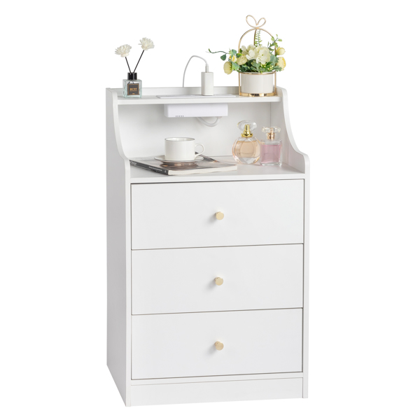 FCH white particleboard with triamine matt gold tapered handle 45*35*73cm three drawers with compartments bedside table 1 wireless + 2 USB ports + 2 US standard three-plug ports