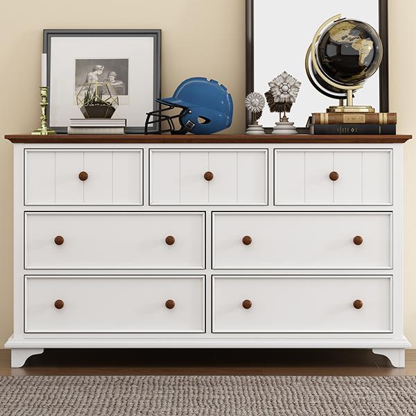 Wooden Captain Seven-Drawer Dresser for Bedroom, Living Room, Kids' Room, White+Walnut