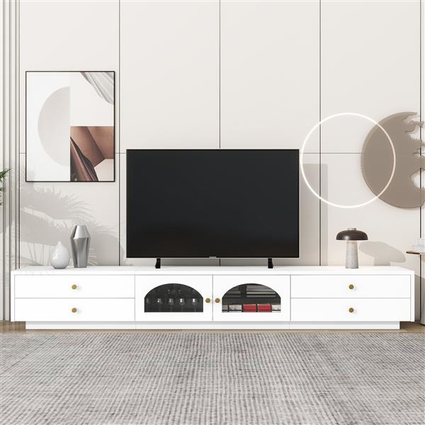 Luxurious TV Stand with Fluted Glass Doors, Elegant and Functional Media Console for TVs Up to 95'', Tempered Glass Shelf TV Cabinet with Multiple Storage Options, White