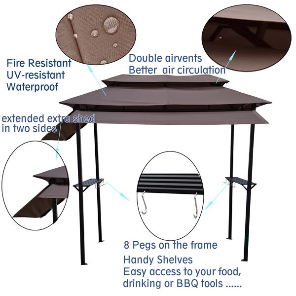 8x4ft Grill Gazebo,metal gazebo with Soft Top Canopy and Steel Frame with hook and Bar Counters,Fabric Light Brown