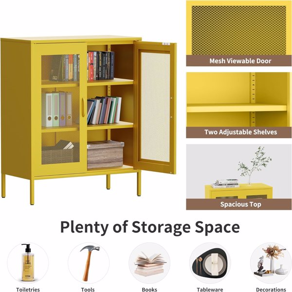  Metal Storage Cabinet with Mesh Doors, Liquor Cabinet with Adjustable Shelves for Kitchen,  Living Room, Home Office, yellow