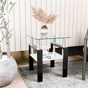 1-Piece Modern Tempered Glass Tea Table Coffee Table End Table, Square Table for Living Room, Transparent/Black