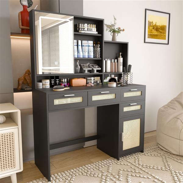 Makeup Vanity with Lights in 3 Colors & Openable Mirror, Vanity Desk with 4 Drawers & 1 Cabinets & Shelves, Vanity Table Rattan Vanity Dresser, for Bedroom