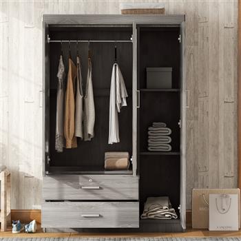 3-Door Mirror Wardrobe with shelves, Gray