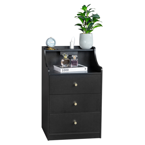 FCH black particleboard with triamine matt gold tapered handle 45*35*73cm three drawers with compartments bedside table 1 wireless + 2 USB ports + 2 US standard three-plug ports