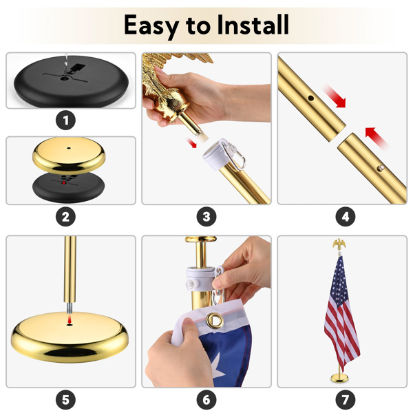 6FT Telescoping Indoor Flag Pole Kit Eagle Topper Aluminum Gold Pole with 3x5Ft Embroidered Stars US Flag & Base,Aluminum Telescoping Flagpole Indoor for Office,School(No delivery on weekends)