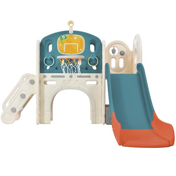 Kids Slide Playset Structure,  Castle Climbing Crawling Playhouse with Slide, Arch Tunnel, Ring Toss, and Basketball Hoop, Toy Storage Organizer for Toddlers, Kids Climbers Playground