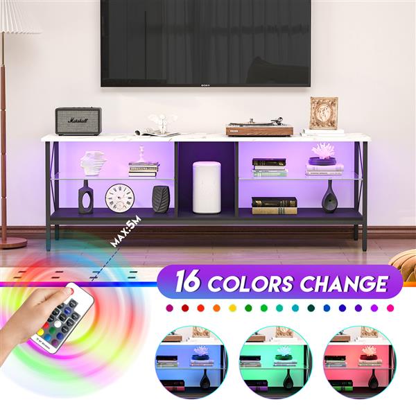 TV stand,Iron TV cabinet,entertainment center, TV set, media console, with LED lights, remote control,toughened glass stand,can be placed in the living room, bedroom, color:white with marble texture