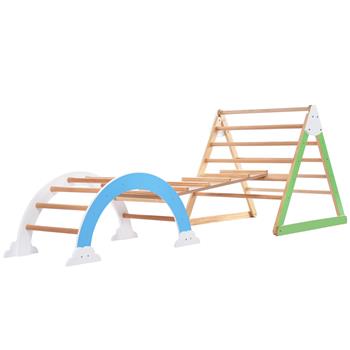 Wooden Climbing Triangle Toys - Indoor Arc Climber Jungle with Ramp and Arch Toy Rocker, Reversible Multifunction Playset Natural Wood Playground
