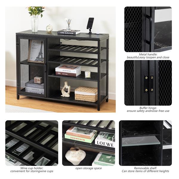 Bar Cabinet,Wine Bar Cabinet,Liquor Storage Credenza,Sideboard with Wine Racks & Stemware Holder,With UAB socket,Metal bracket,Canbeplacedin familybars,hallways,living rooms,Color:black+Marble texture