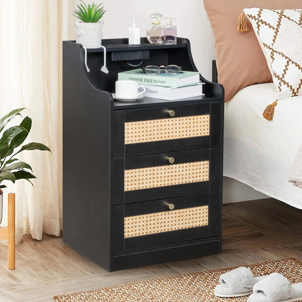 FCH black particle board with triamcinol matt gold tapered handle 45*35*73cm rattan three drawers with compartments bedside table 1 wireless + 2 USB ports + 2 US standard three-plug ports