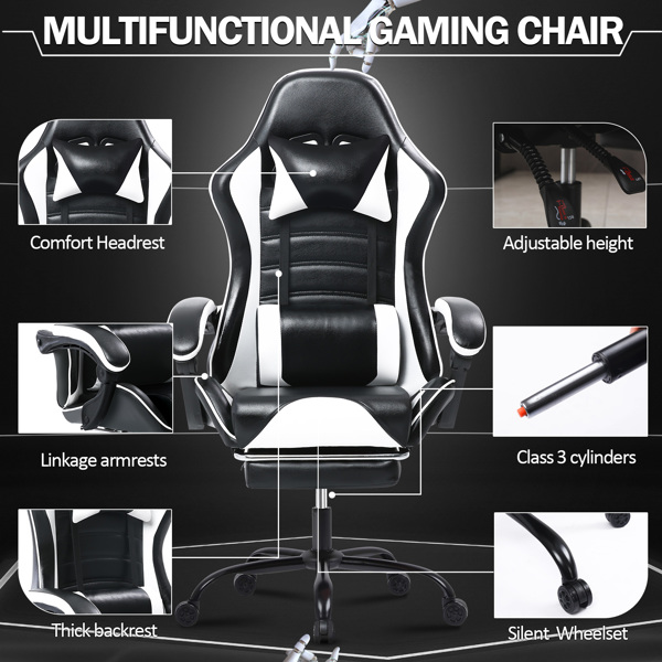 Computer Gaming Chairs with Footrest, Ergonomic Gaming Computer Chair for Adults, PU Leather Office Chair Adjustable Desk Chairs with Wheels, 360°Swivel Big and Tall Gamer Chair, White