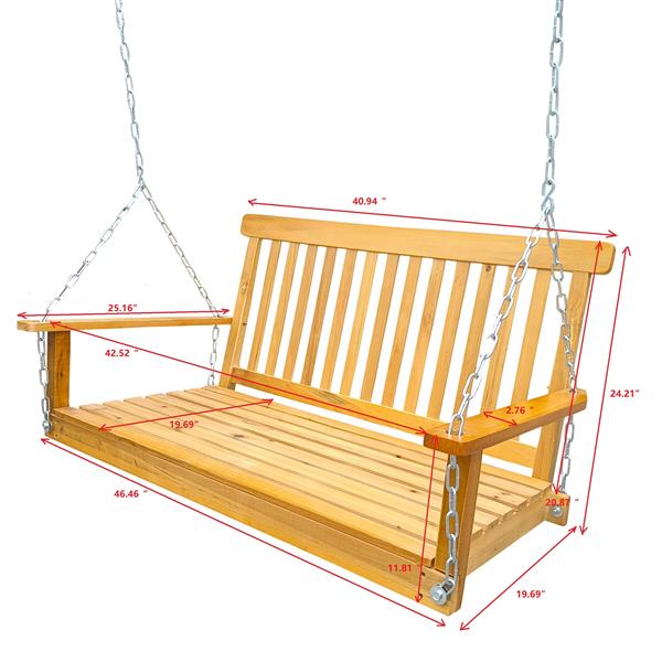 Front Porch Swing with Armrests, Wood Bench Swing with Hanging Chains,for Outdoor Patio ,Garden Yard, porch, backyard,  or sunroom,Easy to Assemble,teak