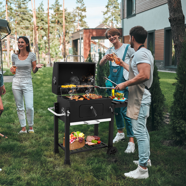 Charcoal Grill with Foldable Side Table and Wheels, Heavy-duty BBQ Grill for Outdoor Picnics Patio Garden and Backyard Grilling