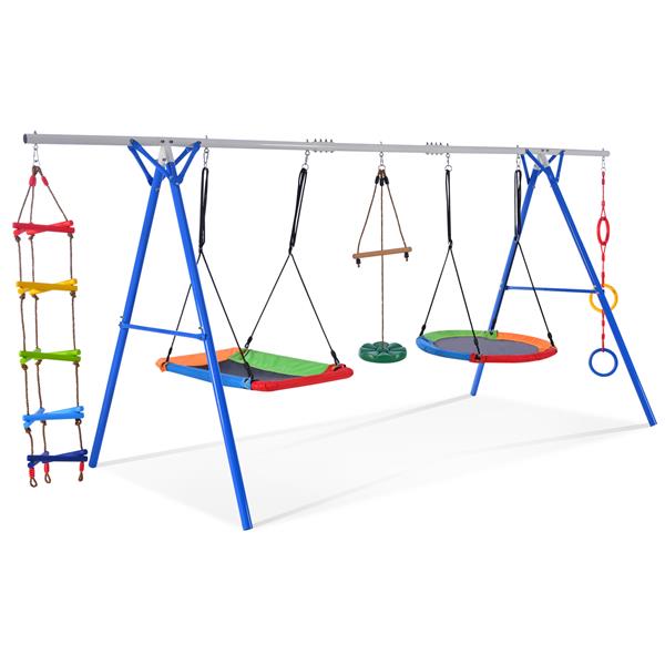 5 in 1 Outdoor Toddler Swing Set for Backyard, Playground Swing Sets with Steel Frame, Multifunction Playsets for Kids with Climbing Ladder, Saucer Swing, Monkey Bar Swing, Disc Swing and Swing Ring