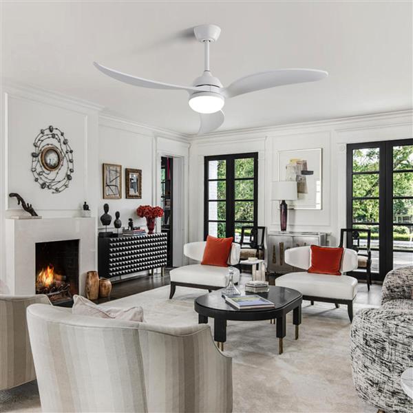 52 Inch Ceiling Fan With Dimmable Led Light 3 Solid Wood Blades Remote Control Reversible DC Motor White For Living Room