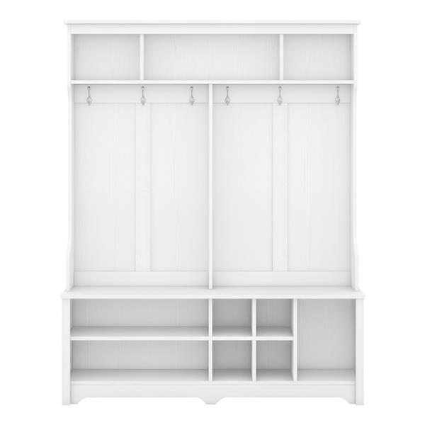 Modern Hallway Hall Tree with Metal Hooks and Storage Space, Multi-Functional Entryway Coat Rack with Shoe Cubbies, White