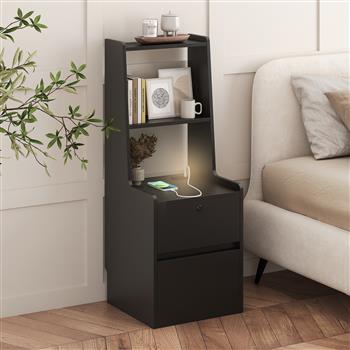 Nightstand with Charging Station, Smart Nightstand with Night Light, Modern Night Stand with Bookshelf, Bedside Tables with Storage Cabinet for Bedroom, Black