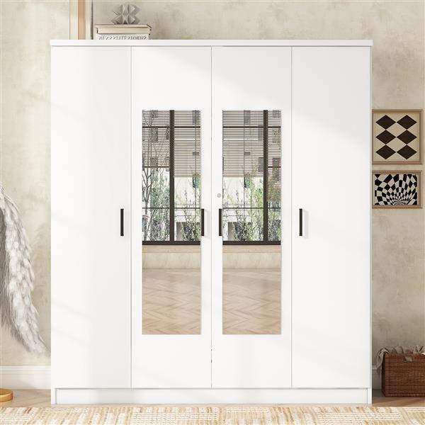 4-Door Mirror Wardrobe with shelves, White