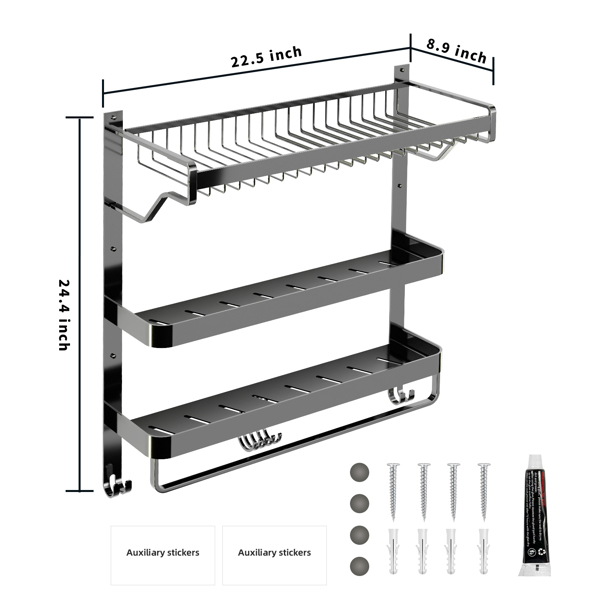 Triple Tier Towel Rack Wall Mounted with Large Storage Basket Dual Floating Shelves 24" Rod Bars 7 Hooks,Towel Holder Organizer for Hotel, Lavatory,Bathroom, Restroom