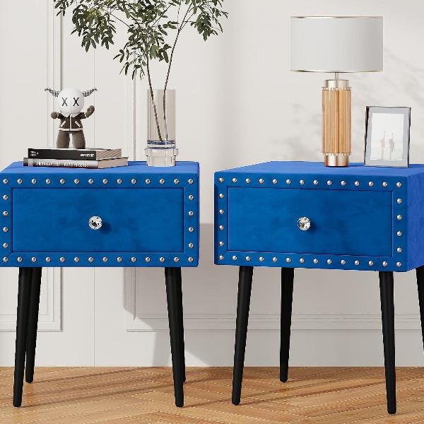 Modern Nightstands Set of 2 with Drawer and Crystal Handle, Elegant Rivet Velvet Design Bedside Table for Bedroom, Blue