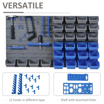 Blue wall mounted tool storage rack kit with storage box