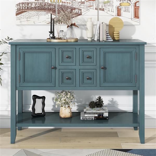 Series  Ample Storage Vintage Console Table with Four Small Drawers and Bottom Shelf for Living Rooms, Entrances and Kitchens (Dark Blue