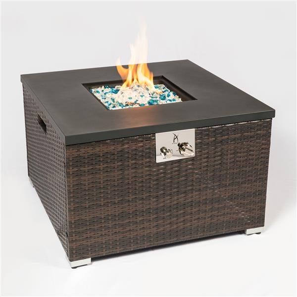 Outdoor Gas Fire Pit  Square Dark Brown Wicker Fire Pit Table Propane Fire Table with Glass Rocks