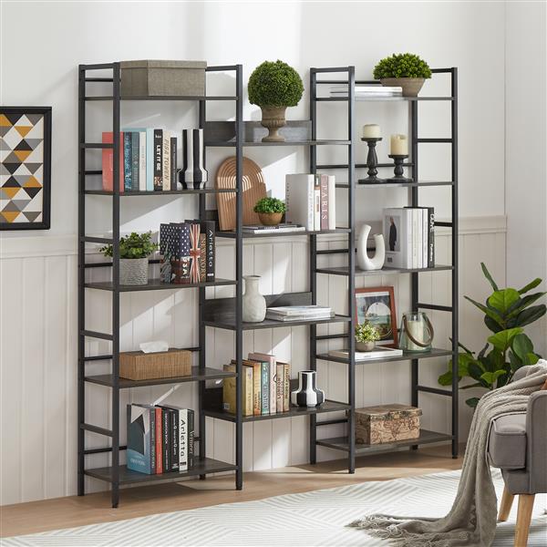 Triple Wide 5-shelf Bookshelves Industrial Retro Wooden Style Home and Office Large Open Bookshelves, Dark Grey, 69.3"W x 11.8"D x 70.1"H