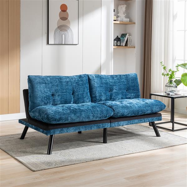 Convertible Sofa Bed  Loveseat Futon Bed Breathable Adjustable Lounge Couch with Metal Legs,Futon Sets for Compact Living Space  Chenille-Blue