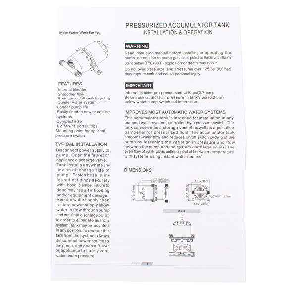 RV Accumulator Tank w/Barbed Fitting Water Pressure Vacuum Tank Internal Bladder 125 psi 0.75L