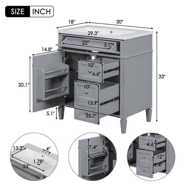 30'' Bathroom Vanity with Top Sink, Modern Bathroom Storage Cabinet with 2 Drawers and a Tip-out Drawer, Single Sink Bathroom Vanity