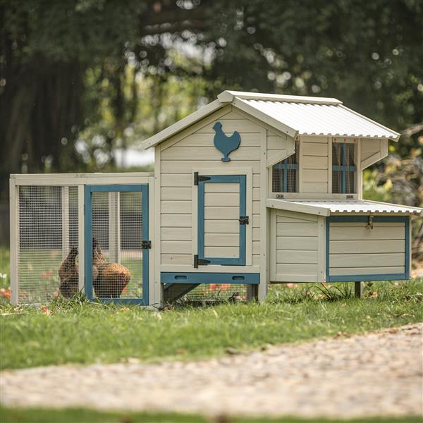 Weatherproof outdoor chicken coop with waterproof PVC roof. Outdoor chicken coop with removable bottom for easy cleaning.Large space Coop suitable for 5-7 chickens.