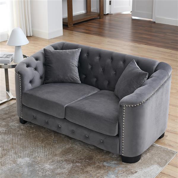 59-Inch Modern Chesterfield Velvet Sofa, 2-Seater Sofa, Upholstered Tufted Backrests with Nailhead Arms and 2 Cushions for Living Room, Bedroom, Apartment, Office (Grey)