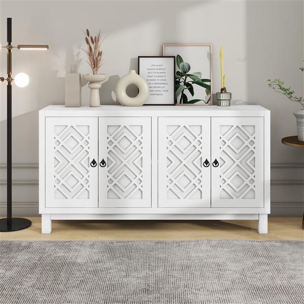 Large Storage Space Sideboard, 4 Door Buffet Cabinet with Pull Ring Handles for Living Room, Dining Room (White)