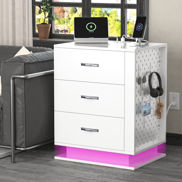 RGB LED With with Charging Station and USB Ports 3 Drawer Side Cabinet Bedside Table Nightstand Left Side White