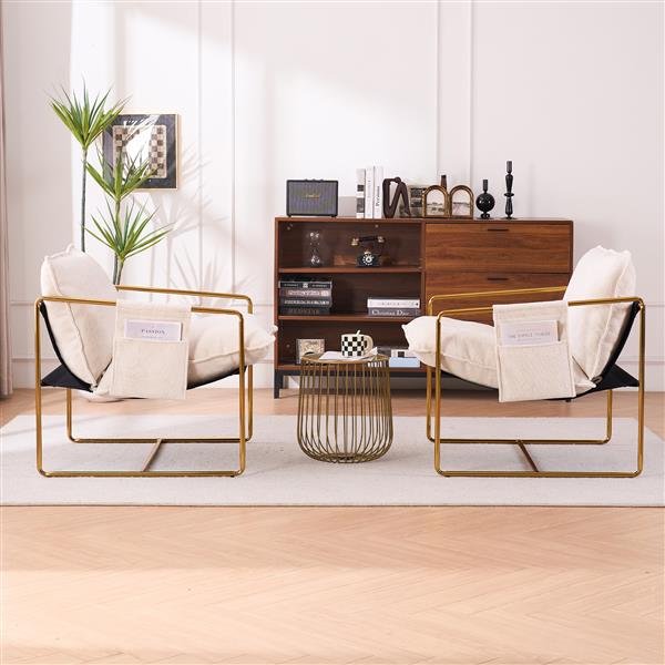 2 Sets 1 Case, Upholstered Hanging Armchair with Arm PocketsMetal frame, gold-plated craftsmanship, crushed foam cushions and skin-friendly woven fabric for living room and bedroom. Beige