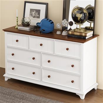 Wooden Captain Seven-Drawer Dresser for Bedroom, Living Room, Kids\\' Room, White+Walnut