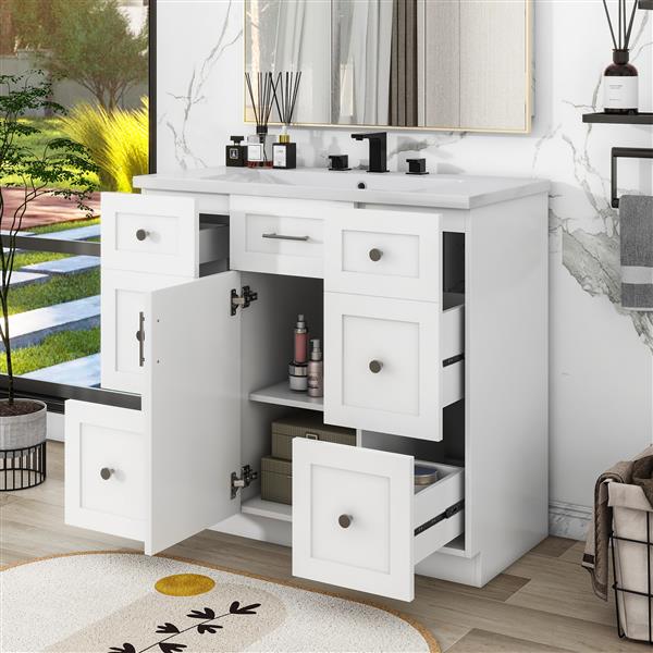 Modern White 36-Inch  Bathroom Vanity Cabinet with Resin Integrated Basin - With 4 drawers 1 Soft-Close Door, Multi-Functional Storage