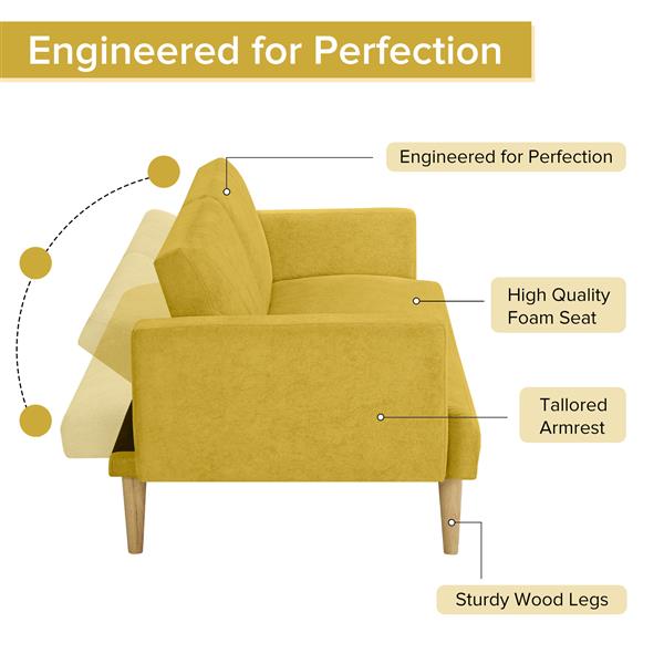 Multi-Functional Futon Sofa Bed :Tapered Wood Legs - Ideal for Small Living Rooms - Multi-Color Fabric Options - Easily Converts to Single Bed, Yellow