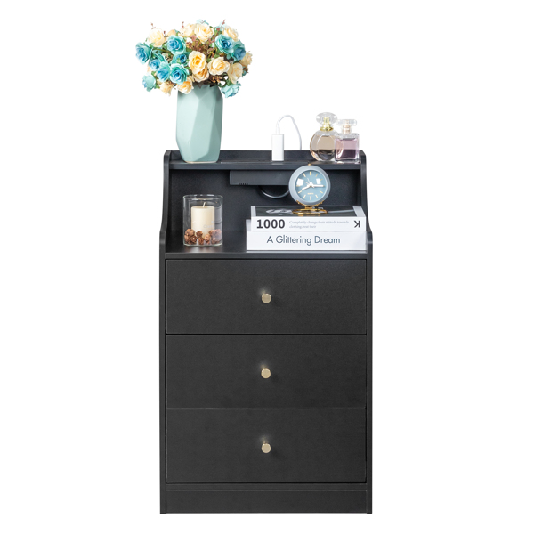 FCH black particleboard with triamine matt gold tapered handle 45*35*73cm three drawers with compartments bedside table 1 wireless + 2 USB ports + 2 US standard three-plug ports