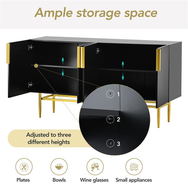 Modern Elegant 4-door Sideboard Gold Metal Handle Buffet Cabinet for Dining Room, Living Room, Bedroom, Hallway (Black)