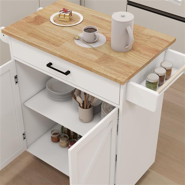 Kitchen island rolling trolley cart with Adjustable Shelves & towel rack & seasoning rack rubber wood table top-White