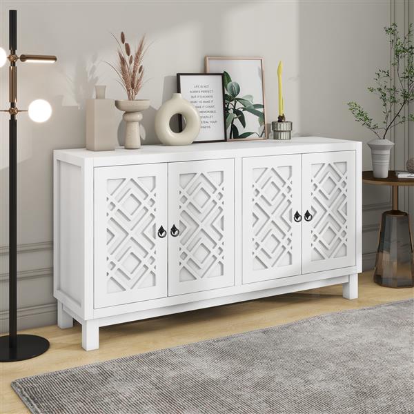 Large Storage Space Sideboard, 4 Door Buffet Cabinet with Pull Ring Handles for Living Room, Dining Room (White)