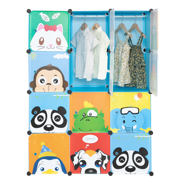 4-Layer 12-Grid 2-Hanging Rod Magic Cube Wardrobe, Plastic + Steel Wire Material with Animal Pattern, Pattern Door Blue Cabinet