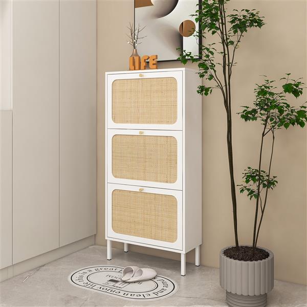 Natural Rattan 3 Door Shoe Rack,  Modern Shoe Storage Cabinet, for Entryway