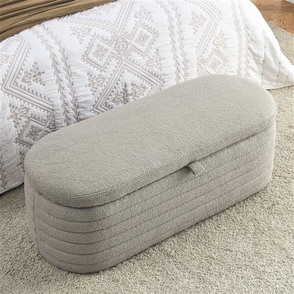 [Video]  Length 45.5 inchesStorage Bench Upholstered Fabric Storage Bench End of Bed Stool with Safety Hinge for Bedroom, Living Room, Entryway, Grey teddy.