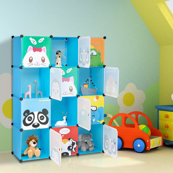 4-Layer 12-Grid 2-Hanging Rod Magic Cube Wardrobe, Plastic + Steel Wire Material with Animal Pattern, Pattern Door Blue Cabinet