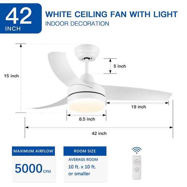 42 In Intergrated LED Ceiling Fan Lighting with White ABS Blade